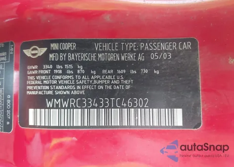 2003 Mini Cooper from USA, damaged, VIN WMWRC33433TC46302